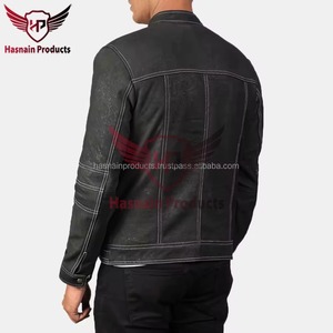 Chaqueta de Motociclista Negra para Hombre, Cuello Alto, Cierre de Cremallera, Corte Ajustado, Acabado Lavado, Color Sólido, Largo Regular, Estilo Biker - Product Image 2
