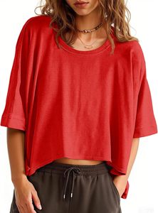 Camiseta Corta Oversize para Mujer, Manga Corta, Cuello Redondo, Color Sólido, Corte Holgado, 100% Algodón Jersey, Casual, Primavera Verano - Product Image 5