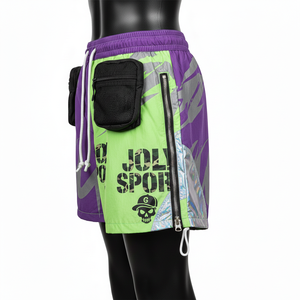 Shorts cortavientos de poliéster taslan premium de 135 GSM, morados con paneles verdes, bolsillos cargo de malla, sublimación, logotipo personalizado, shorts para mujer - Product Image 4