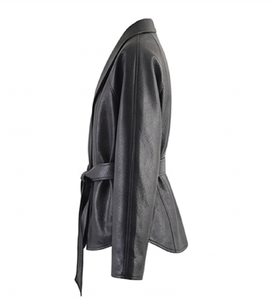 <b>Womens</b> Customized Color Woven Leather V-neck Collar Long Sleeve <b>Wrap</b> <b>Coat</b> Breathable Elegant Casual Fashion Outerwear - Product Image 3