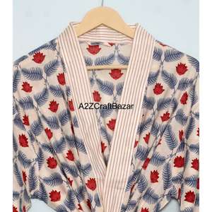 Kimono Tradicional con Estampado Floral 100% Algodón Puro para Mujer, Ropa de Dormir de Verano, Bata Casual para la Playa o la Noche, Cintura Elástica - Product Image 4