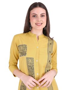 ชุดเซ็ตสีเหลือง SAZU สำหรับผู้หญิง ประกอบด้วยเสื้อคอจีนและกางเกงขายาวทรงปาลาซโซ ผลิตจากผ้าคอตตอนผสม ดีไซน์หรูหรา - Product Image 3