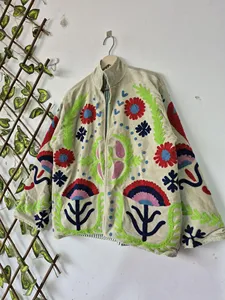 Ethnic Beige <b>Velvet</b> Suzani Floral Embroidered Jacket Full Sleeve Stand Collar Handmade Soft <b>Women's</b> Winter <b>Coat</b> - Product Image 3