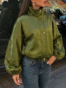 Silk Satin <b>Jacket</b> Olive Green Snap Button Cropped Stand Collar Balloon Sleeve Shimmer Wholesale - Product Image 5