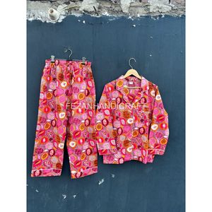 Women's Cotton Printed Pajama Set Long Sleeve Full Length Loose Fit Two Piece Turn-down Collar Casual Sleepwear Spring <b>Summer</b> - Product Image 1