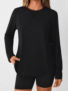 T-shirt de sport confortable en polyester anti-boulochage pour femme, doux, à manches longues, coupe ajustée, imprimé uni, respirant - Product Image 1