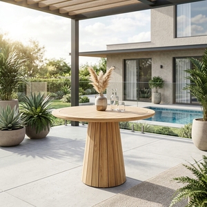 Robi <b>Round</b> Outdoor <b>Table</b> Modern Solid Teak Wood <b>Garden</b> Furniture Elegant Conical Pedestal Base For Patio Contemporary Home Decor - Product Image 2