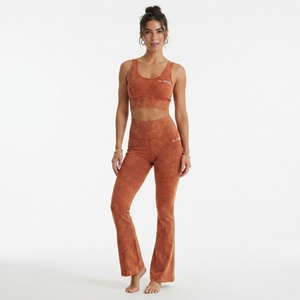 Women Rust Orange Ribbed Yoga Set Crop Top High Waist <b>Flare</b> <b>Leggings</b> Gym Fitness Workout Activewear - Product Image 2