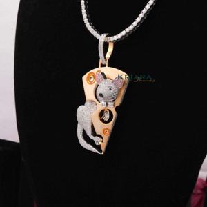 925 Silver 18k Gold Plated Rhodium Plated Luxury Animal Moissanite Pizza <b>Mouse</b> Pendant Cute Themed Charm Everyday Wear Unisex - Product Image 1