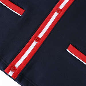 Cardigan en molleton de haute qualité pour homme, col en V, bleu marine, avec bordure rouge et blanche, manches longues, fermeture boutonnée, vêtement d'automne - Product Image 6