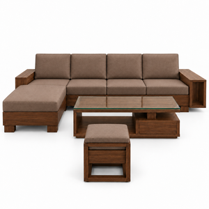 Conjunto de Sofá Modular Moderno en Forma de L con Mesa de Centro y Otomana con Almacenamiento, Muebles de Sala de Estar con Estructura de Madera y Cojines Marrones - Product Image 1