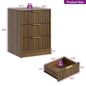 Nordic <b>Minimalist</b> Ruffled <b>Bedside</b> <b>Table</b> with Three Drawers Large Capacity Storage Walnut Golden Handles - Product Image 2