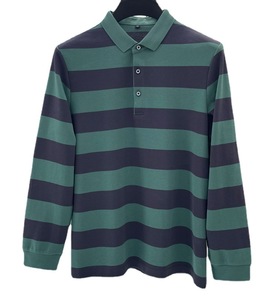 Polo à manches longues rayé pour homme, tricoté, design décontracté, vert bleu marine, coupe classique, style boutonné devant - Product Image 1
