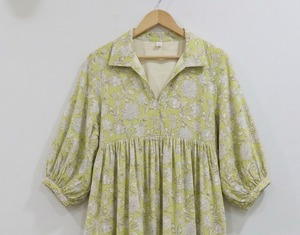 Robe midi pour femme, faite à la main, à col en V, à manches bouffantes, à coupe évasée, 100% coton, formelle, pour le bureau, respirante, écologique, naturelle - Product Image 2