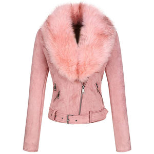 Wholesale Womens Pink <b>Suede</b> <b>Jacket</b> Faux Fur Collar Belted <b>Biker</b> Coat Zip Up Moto <b>Jacket</b> Fashion Winter Outerwear OEM Manufacture - Product Image 1