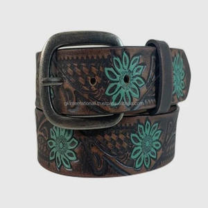 Unisex Strong Classic Hand Tooling Genuine Cowhide <b>Leather</b> <b>Belts</b> Western Style with Custom Length Engraved Design Brown Color - Product Image 4