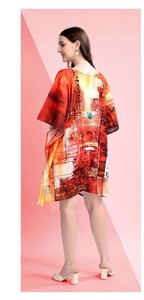 ANY Digital Printed Feather Polysilk Middle Eastern Loose Fit <b>Kaftan</b> <b>Summer</b> Casual Women's Maxi Short Sleeve - Product Image 1