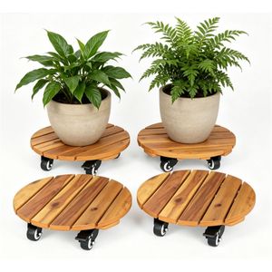 Supporti Classici in Legno Naturale per Vasi (Set da 4) con 4 Ruote, Robusti Carrelli per Piante da Giardino e Patio - Product Image 1