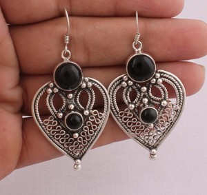 Vintage Black Onyx Gold Plated 925 Sterling <b>Silver</b> <b>Drop</b> <b>Earrings</b> Women Wedding Jewelry - Product Image 1