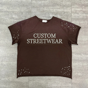 T-shirts en coton 100% avec strass effet délavé, coupe oversize vintage et carrée pour homme, style streetwear, sur mesure - Product Image 1