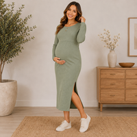 Gaun Tidur Ibu Hamil Rajut Bergaris Viscose/Poliester/Spandex Lengan Panjang Detail Kancing Belahan Samping Panjang Setengah Betis Model Sheath Wanita