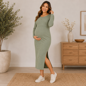 Robe de maternité en tricot côtelé avec fente latérale et détails boutonnés, longueur mi-mollet, style fourreau pour femme, idéale pour l'automne - Product Image 1