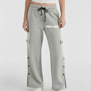 Pantalon cargo gris pour femme grande taille, taille mi-haute, coupe ample, longueur intégrale, couleur unie, en molleton, avec cordon de serrage et détail bouton droit - Product Image 1