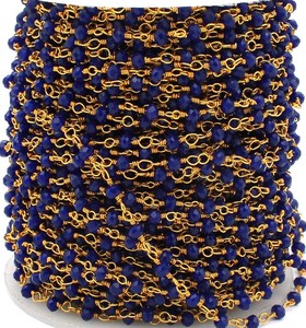 Lapis Lazuli Hydro Faceted Round Beads Rosary Chain 3mm Gold Plated Wire Wrapped Link Chain Wholesale - Product Image 4