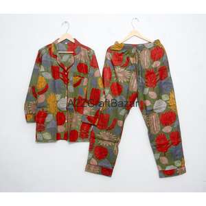 Ensemble de pyjama pour femmes en coton 100% doux et respirant, 2 pièces, à la mode vintage romantique classique florale, fabriqué à la main, hiver, taille élastique - Product Image 3