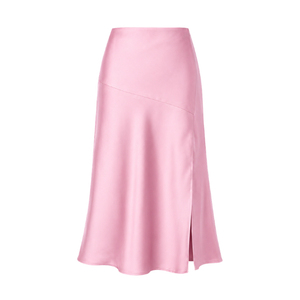 Womens Pink <b>Satin</b> Midi <b>Skirt</b> High Waist A-Line Shiny Solid with Side Slit Breathable <b>Pleated</b> Design Elegant - Product Image 5