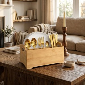 Organisateur de Couverts Moderne en Bois d'Acacia à Double Niveau de Qualité Supérieure pour la Restauration, Support à Couverts et Porte-Mouchoirs pour la Décoration de Restaurants et Hôtels - Product Image 3