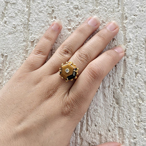 Best selling <b>ring</b> hexagon cut natural tiger eye <b>adjustable</b> <b>ring</b> solid brass 18k gold plated beaded designer prong setting <b>rings</b> - Product Image 3