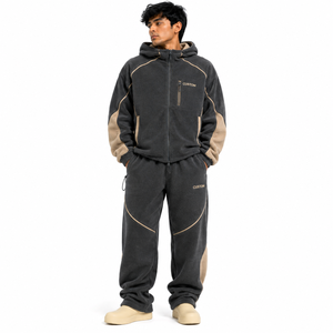 Ensemble de survêtement en polaire sherpa pour homme, 2 pièces, veste à capuche entièrement zippée, pantalon large, bordure colorée, streetwear d'hiver, OEM ODM - Product Image 1