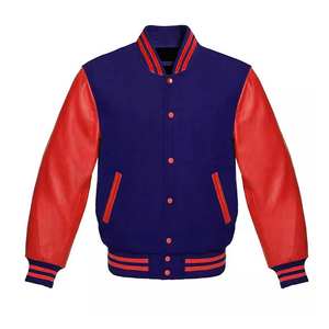 Veste de baseball de style américain avec manches en cuir véritable et doublure en laine épaisse - Product Image 1