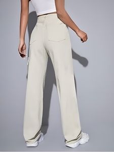 Pantalones de Mujer de Talle Grande, Cintura Alta, Pierna Ancha, Algodón Suave con Spandex, Corte Holgado Informal, Largos, Color Sólido, Cintura Elástica - Product Image 1