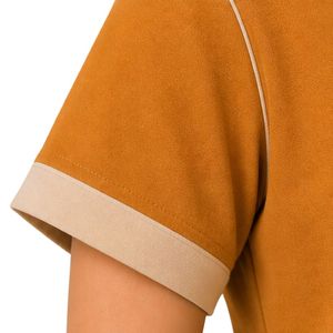 T-shirt décontracté pour femme col en V manches courtes beige moutarde orange broderie florale bordure contrastante détails boutonnés vente en gros - Product Image 5