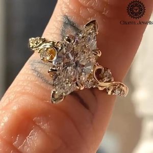 Charm_Jewells Women's Rose <b>Gold</b> Plated 18K Solid <b>Gold</b> Marquise Cut Moissanite Star <b>Cocktail</b> <b>Ring</b> Vintage Prong Setting - Product Image 1