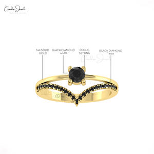 Anillo de Compromiso Chevron de Oro Sólido de 14K Premium con Diamante Negro de Corte Redondo de 4mm y Micro Diamantes Pavé, Lote de Joyería Fina - Product Image 5