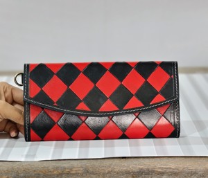 2026 Newly Arrival Handmade Genuine Leather Long <b>Wallet</b> With Red Black Geometric Pattern Fold Closure Women's Fashion Daily Uses - Product Image 1