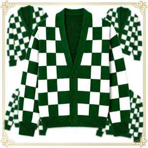Cardigan unisexe personnalisé OEM, nouveau design, vert et blanc à carreaux, Iota Phi Lambda, col en V, manches longues, brodé, tricoté décontracté - Product Image 5