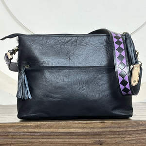 Sac fourre-tout pour femme en cuir de vachette à carreaux violet et noir, avec motif floral en cuir travaillé, grande capacité, sac de voyage - Product Image 5