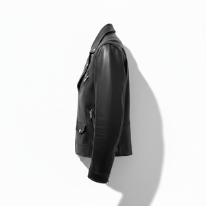 Blouson moto en cuir noir pour homme, col rabattu, fermeture éclair, manches classiques, couleur unie, pour l'automne - Product Image 5