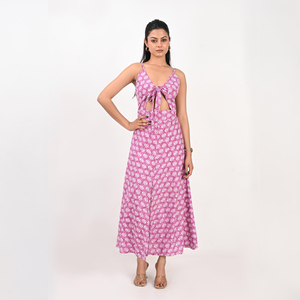 Pink Floral Print Maxi Dress Tie Neck <b>Spaghetti</b> Strap Sheath Silhouette Slit Front Breathable Cotton Summer Casual Wear - Product Image 2