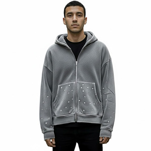 Nouvel arrivage : Sweat à capuche zippé gris oversize pour homme en molleton bouclette avec poches ornées de strass, style décontracté automne - Product Image 1