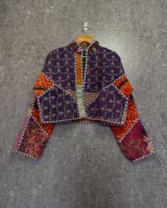 Vintage Reversible Kantha <b>Jacket</b> Women Embroidered Quilted Coat Patchwork Cropped Outerwear - Product Image 3