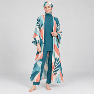 Conjunto de Burkini Musulmán Modesto de 4 Piezas para Mujer, Cobertura Completa, Manga Larga, Color Sólido, Alta Calidad - Product Image 1