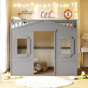 Letto a soppalco grigio a grandezza naturale con scaletta per camera da letto a tema casa per bambini - Product Image 2
