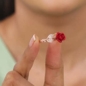 18k Rose gold <b>Adjustable</b> Red Rose Flower Open <b>Ring</b> with Leaf Branch Design Romantic Statement Jewelry for Women - Product Image 5