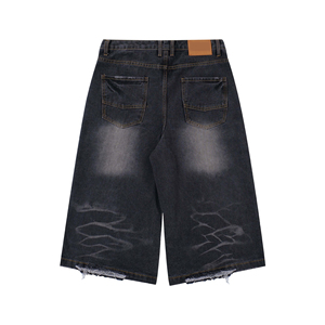 Shorts en jean déchirés et délavés pour homme, taille mi-haute, coupe droite, style décontracté d'été, en coton noir - Product Image 2