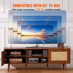 Metà del secolo moderno 65 pollici TV Stand Boho Rattan & noce armadietto ripiani regolabili costruire-in porte USB per soggiorno Media Room - Product Image 4